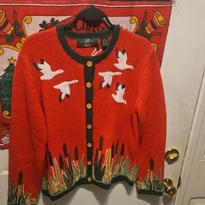 Orvis Red Cardigan with Bird and Nature Embroidery